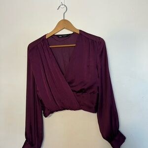 ZARA Plum Wrap-Front Long Sleeve Crop Blouse